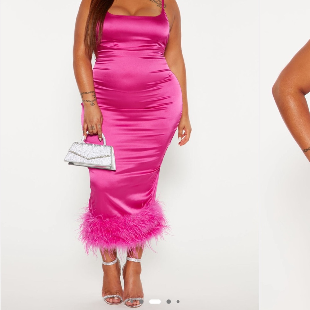 Fashion Nova Hot Pink Satin Midi Dress with Feather Hem